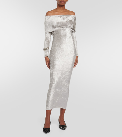 Shop Alaïa Off-shoulder Velvet Midi Dress In Silver