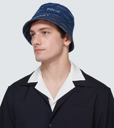 Shop Marni Printed Cotton Denim Bucket Hat In Blue