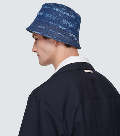 Shop Marni Printed Cotton Denim Bucket Hat In Blue