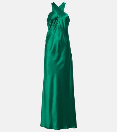 Shop Galvan Evelyn Satin Halterneck Gown In Green