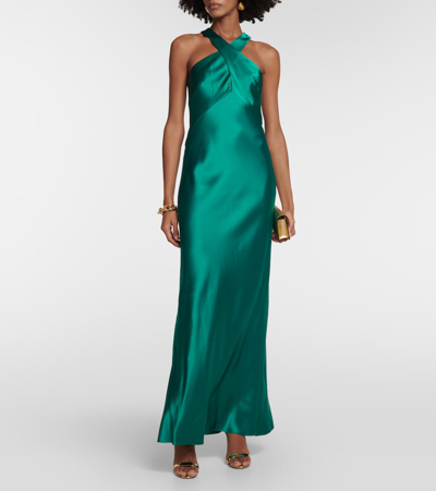 Shop Galvan Evelyn Satin Halterneck Gown In Green