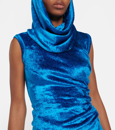 Shop Alaïa Hooded Velvet Minidress In Blue