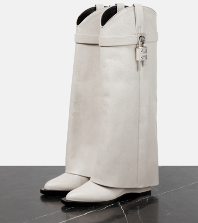 Shop Givenchy Shark Lock Cowboy Leather Knee-high Boots In White