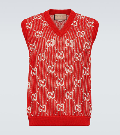 Shop Gucci Gg Cotton Jacquard Sweater Vest In Red