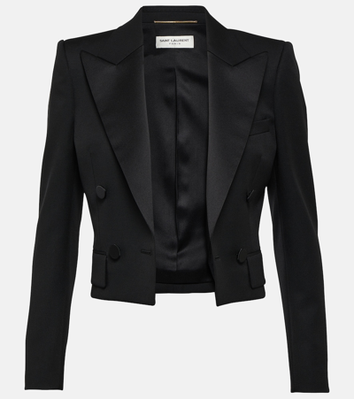 Shop Saint Laurent Cropped Wool Tuxedo Jacket In Black