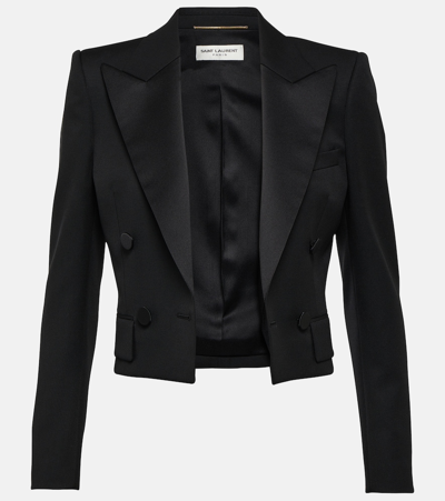 Saint Laurent Cropped Wool Tuxedo Jacket In Black