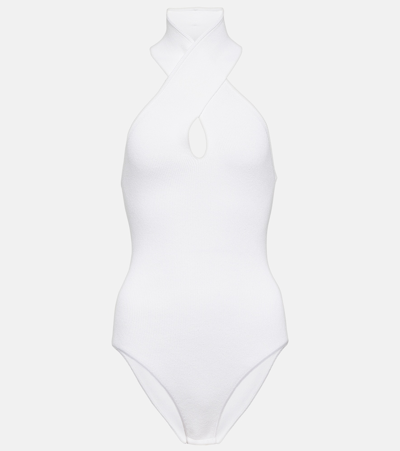 Shop Alaïa Ribbed-knit Halterneck Bodysuit In White