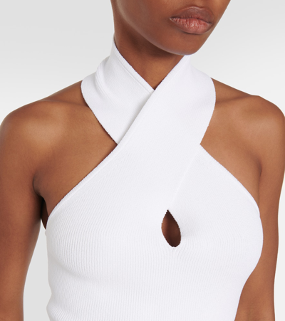 Shop Alaïa Ribbed-knit Halterneck Bodysuit In White