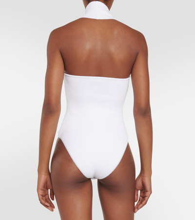 Shop Alaïa Ribbed-knit Halterneck Bodysuit In White