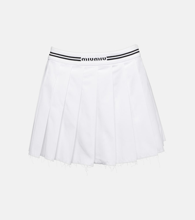 Miu Miu Logo Pleated Cotton Miniskirt In White
