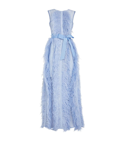 Shop Huishan Zhang Silk Feather-trim Beau Gown In Blue