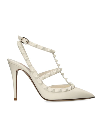 Shop Valentino Leather Rockstud T-bar Sandals 100 In White