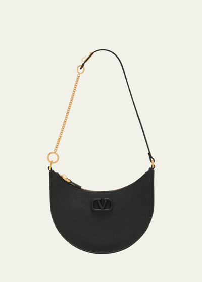 Valentino Half-moon Leather Shoulder Bag With Chain Strap In Nero