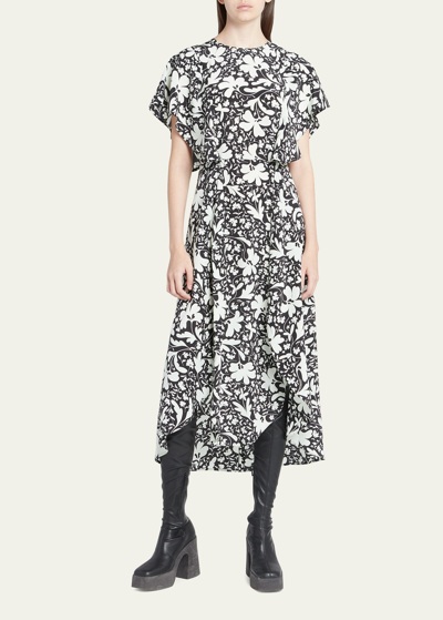 Shop Stella Mccartney Floral-print Flutter Sleeve Silk Midi Dress In 8420 Multi Black