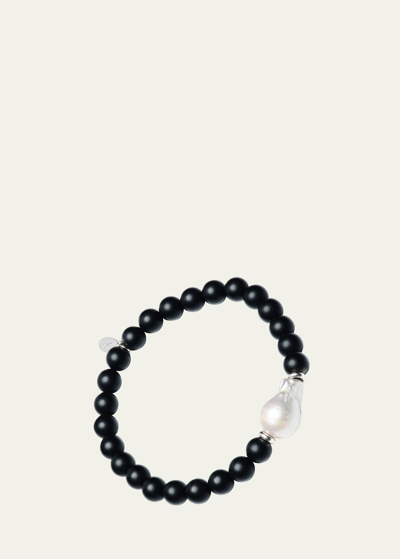 Shop Jan Leslie Men's Black Onyx Beaded Bracelet With Pearl Center