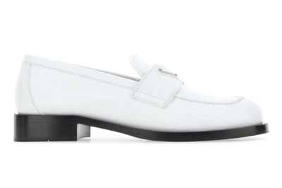 Pre-owned Prada Logo Plaque Brushed Loafers White Leather In White/black