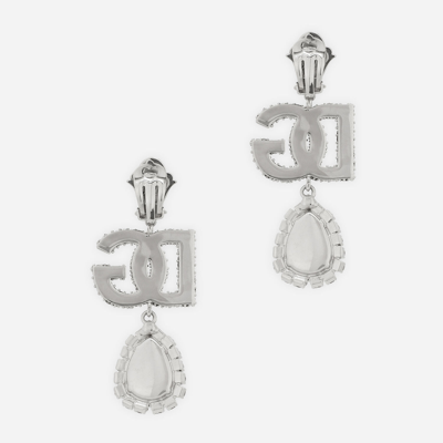 Shop Dolce & Gabbana Drop Earrings With Rhinestone-detailed Logo And Pendant In Silver
