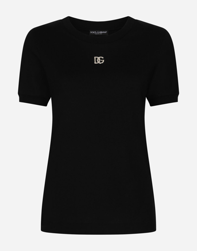 Dolce & Gabbana Black T-shirt With Logo Decorated With Crystals On The Front In Cotton Woman In Black