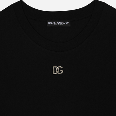 Dolce & Gabbana Black T-shirt With Logo Decorated With Crystals On The Front In Cotton Woman In Black