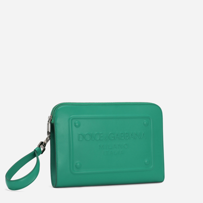Shop Dolce & Gabbana Small Calfskin Pouch With Raised Logo In Green