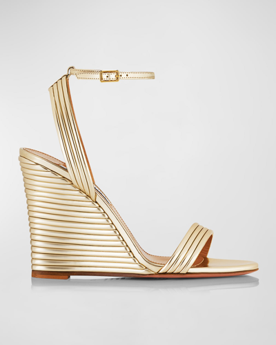 Shop Aquazzura Wow Metallic Ankle-strap Wedge Sandals In Soft Gold