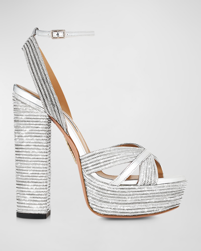 Shop Aquazzura Sundance Metallic Crystal Ankle-strap Sandals In Silver