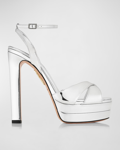 Shop Aquazzura Divine Metallic Crisscross Platform Sandals In Silver