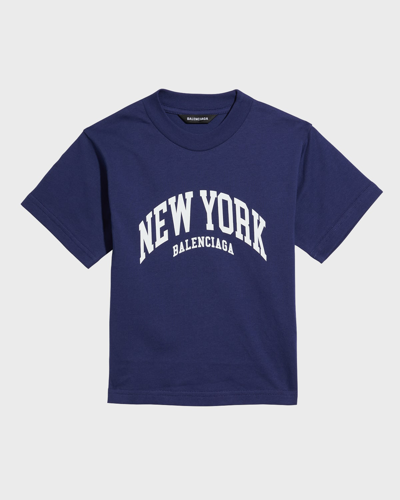 Shop Balenciaga Kid's New York Logo-print T-shirt In 3967 Marine Blue/