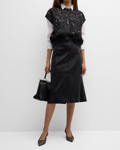 Shop Brunello Cucinelli Glossy Leather Midi Pencil Skirt In C101 Black