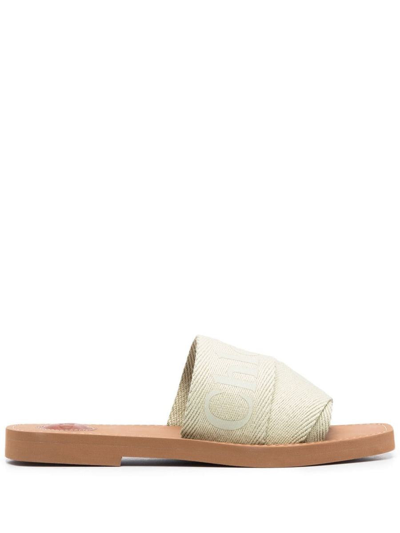 Shop Chloé Woody Leather Flat Sandals In Green
