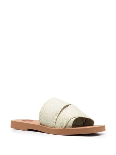 Shop Chloé Woody Leather Flat Sandals In Green
