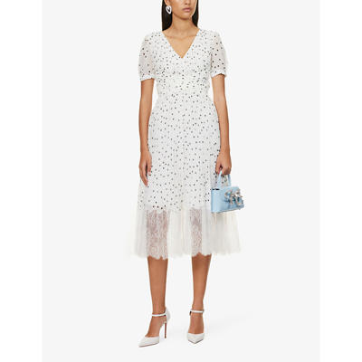 Shop Self-portrait Women's Monochrome Polka-dot Lace-trim Woven Midi Dress