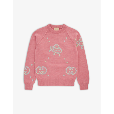 Shop Gucci Girls Dark Rose/mix Kids Contrast-embroidery Long-sleeve Wool Knitted Jumper 8-12 Years