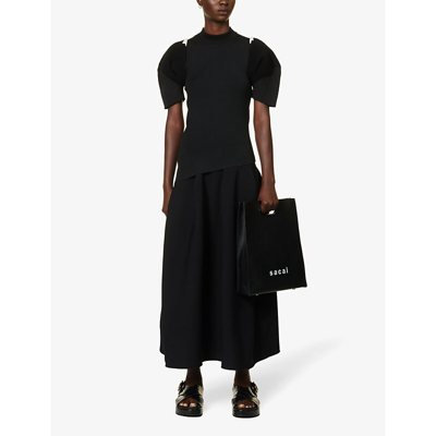 Shop Sacai Womens Black Cut-out Asymmetric-hem Knitted Top