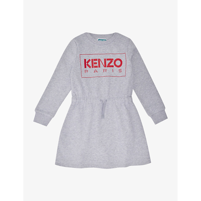 Shop Kenzo Girls Grey Marl Kids Logo-print Long-sleeve Cotton-blend Dress 4-12 Years