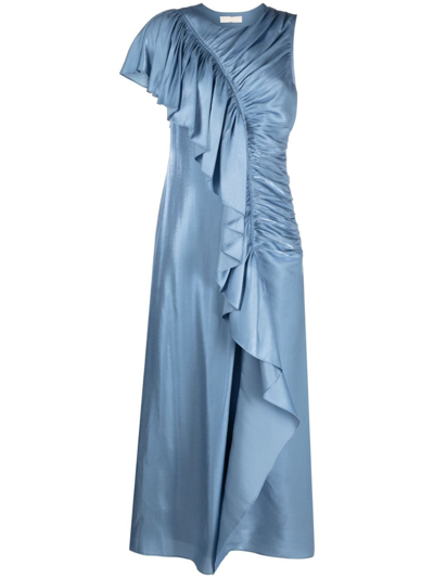 Shop Ulla Johnson Ruffle-trim Charmeuse Long Dress In Blau