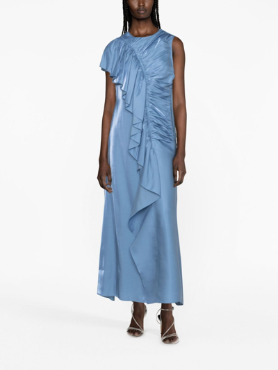 Shop Ulla Johnson Ruffle-trim Charmeuse Long Dress In Blau