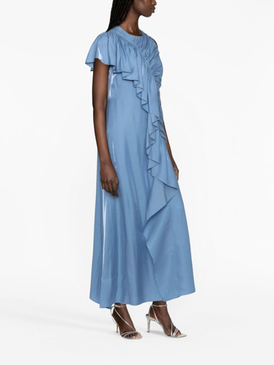 Shop Ulla Johnson Ruffle-trim Charmeuse Long Dress In Blau