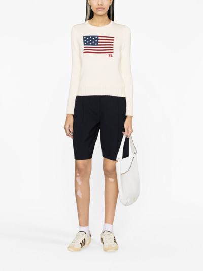 Polo Ralph Lauren Classic Crew Neck Pullover Sweater With American Flag Design In Nude