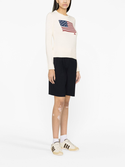 Polo Ralph Lauren Classic Crew Neck Pullover Sweater With American Flag Design In Nude