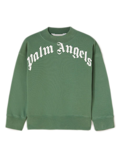 Shop Palm Angels Curved-logo Cotton Sweatshirt In Green