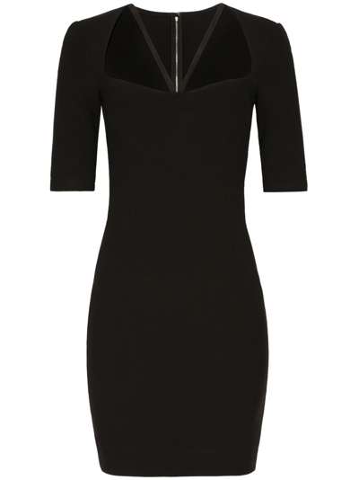 Dolce & Gabbana Black Mini Dress With Short Sleeves And Neckline Detail In Viscose Blend Woman In Schwarz
