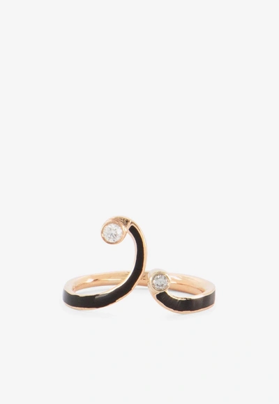 Shop Djihan 18-karat Rose Gold Curved Ring With Diamonds In Black