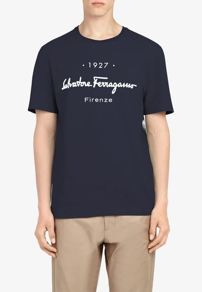 Shop Ferragamo 1927 Signature Logo T-shirt In Navy