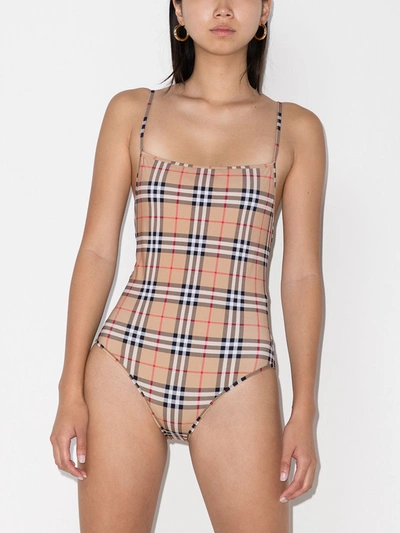 Shop Burberry Women Vintage Check Swimsuit In Archive Beige