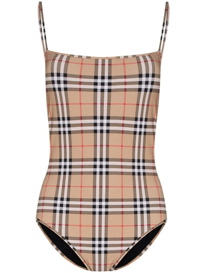 Shop Burberry Women Vintage Check Swimsuit In Archive Beige