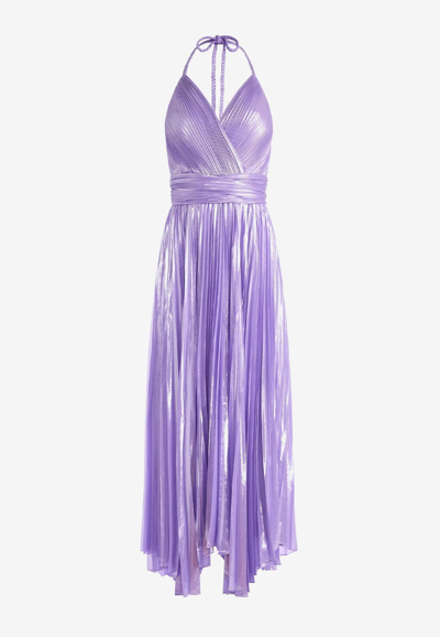 Shop Alice And Olivia Arista Halter Neck Pleated Maxi Dress In Purple