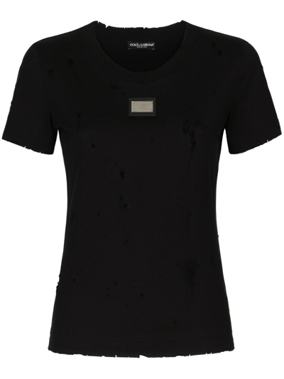 Shop Dolce & Gabbana Distressed-effect Logo-plaque T-shirt In Black