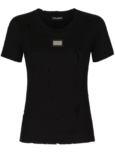 Dolce & Gabbana Jersey T-shirt With Rips And Dolce&gabbana Tag In Black