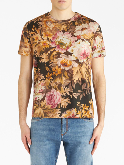Shop Etro Floral-print Cotton T-shirt In Brown